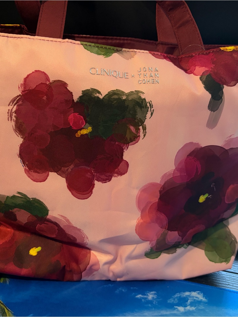 Clinique Pink Tote with Burgundy and Green Floral Print